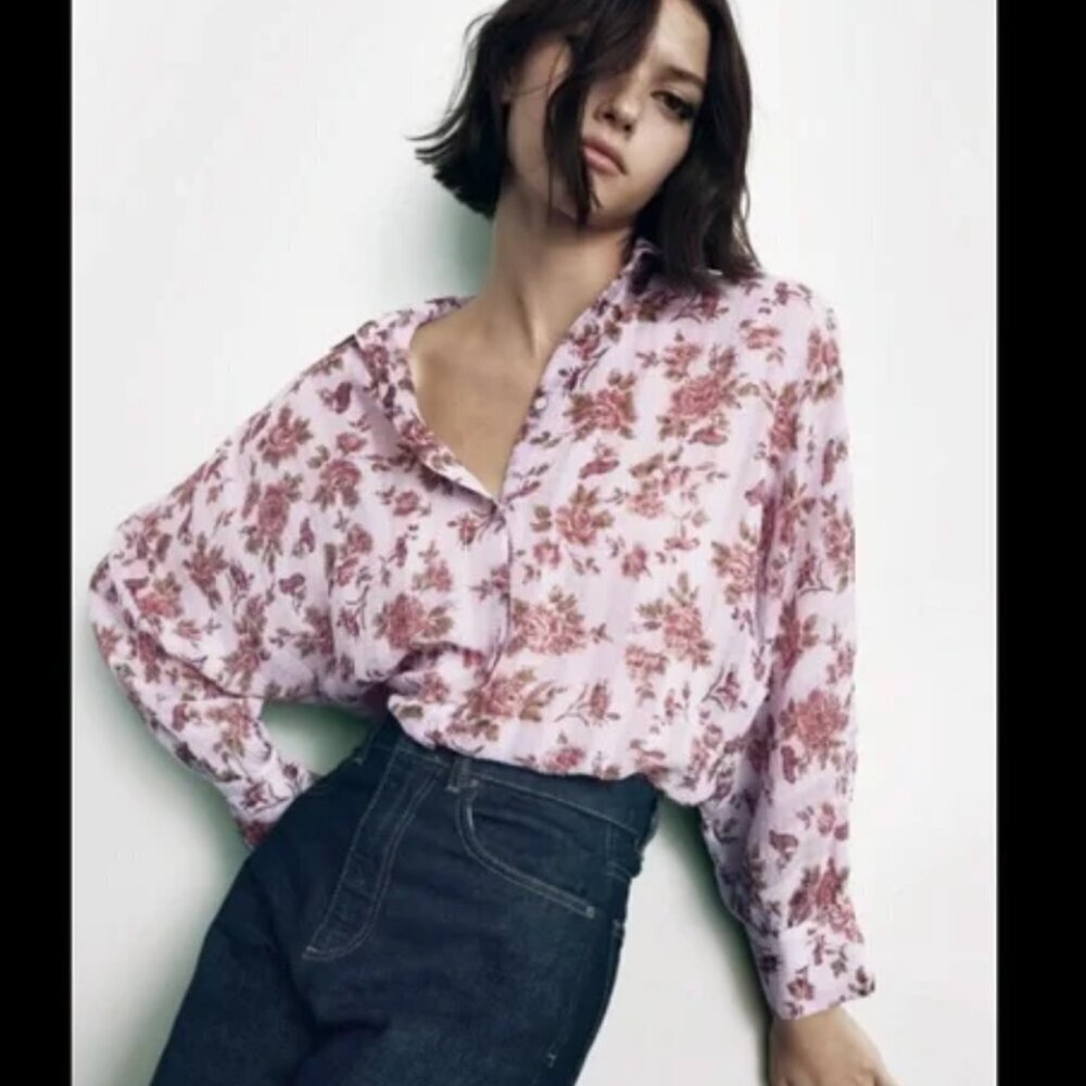Zara Floral Print Button-Up Blouse with Balloon Sleeves, Size SMALL NWT - Picture 4 of 8
